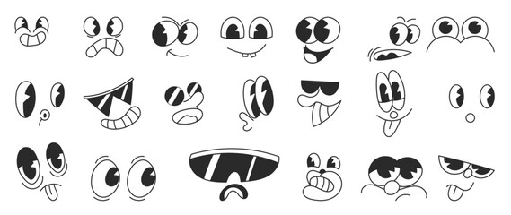 set of 70s groovy comic faces vector. collection of cartoon character faces, in different emotions, 