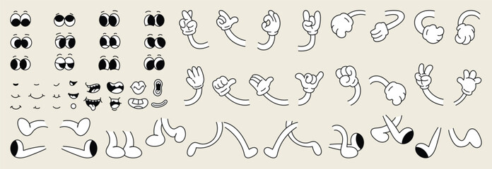set of 70s groovy comic faces vector. collection of cartoon character faces, leg, hand in different 