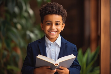 Wall Mural - Happy ethnic schoolboy with book. Child reading.