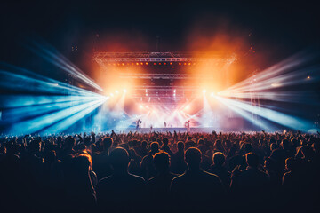 Crowd partying at live concert summer music festival. Stage lights on stage at festival.