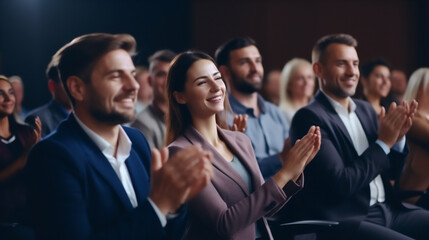 Conference, team of coworkers clapping hands for success of presentation  Support, achievement and diverse group of people applauding together in business meeting. 