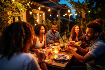 Millennials enjoying dinner party outdoors