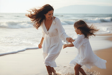 Mother and daughter playing on the beach