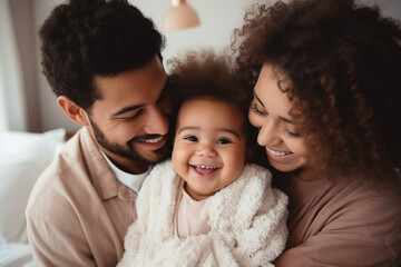 Multiracial diverse young family couple playing with cute baby child in bed holding infant kid girl. Happy multiethnic parents having fun in the morning lifting small daughter in bedroom at home