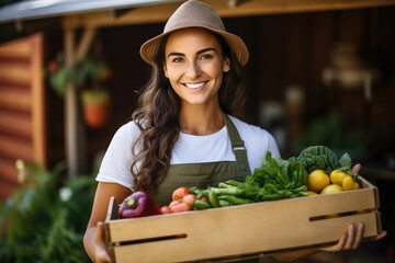 Wall Mural - Happy female farmer holding a box with fresh produce