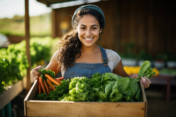 Wall Mural - Happy female farmer holding a box with fresh produce