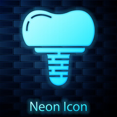 Sticker - Glowing neon Dental implant icon isolated on brick wall background. Vector