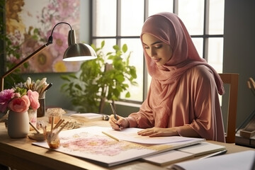 Creative Muslim designer working with drawings in an office