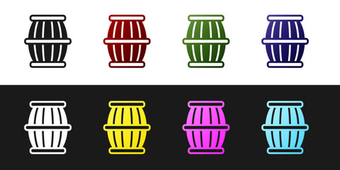 Poster - Set Gun powder barrel icon isolated on black and white background. TNT dynamite wooden old barrel. Vector