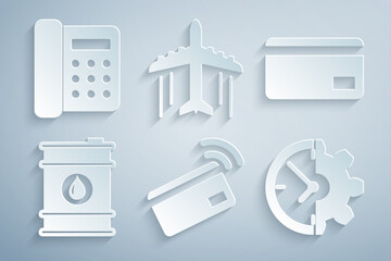 Wall Mural - Set Contactless payment, Credit card, Barrel oil, Clock and gear, Plane and Telephone icon. Vector