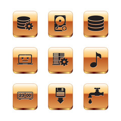 Poster - Set Setting database server, Retro flip clock, Floppy disk backup, Server setting, Dead laptop and Database icon. Vector