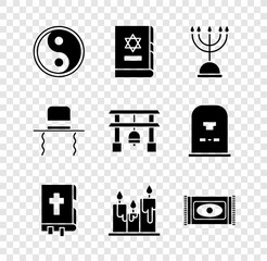 Wall Mural - Set Yin Yang, Jewish torah book, Hanukkah menorah, Holy bible, Burning candles, Traditional carpet, Orthodox jewish hat with sidelocks and Japan Gate icon. Vector