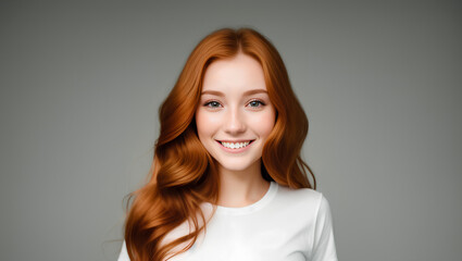 Wall Mural - Beautiful girl with red, wavy hair on natural background with copy space. Generative AI.