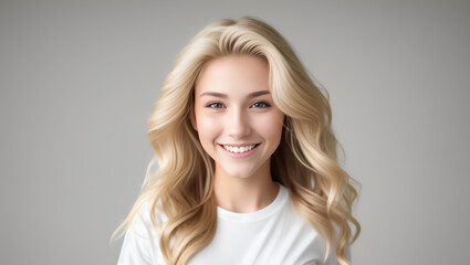 Wall Mural - Portrait of happy teen female with blonde, wavy hair smiling at camera. Isolated background with mockup. Generative AI.