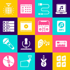 Poster - Set Music file document, synthesizer, MP3, Audio jack, Online play video, playlist, Disco ball and Home stereo with speakers icon. Vector