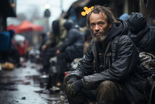 Sad White Homeless Man Sits On The Street Of Big City, Dark Background