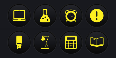 Poster - Set USB flash drive, Speech bubble and Exclamation, Table lamp, Calculator, Alarm clock, Test tube, Open book and Laptop icon. Vector