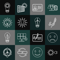 Sticker - Set line Sun with electric plug, Sad smile, Signature, Identification badge, Cute sun, Solar energy panel, and Light bulb wind turbine icon. Vector