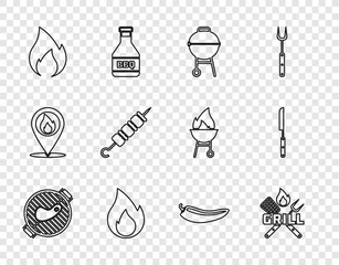 Sticker - Set line Barbecue grill with steak, Crossed fork and spatula, Fire flame, Grilled shish kebab, Hot chili pepper pod and knife icon. Vector