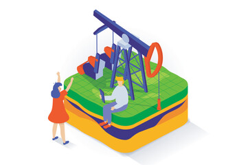Poster - Oil industry concept in 3d isometric design. People work at petroleum factory by derrick and machinery for extraction crude energy resources. Vector illustration with isometry scene for web graphic