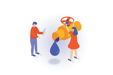 Fototapete - Oil industry concept in 3d isometric design. People work at petroleum pipeline and engineer turning valve gas tubes, control and transportation. Vector illustration with isometry scene for web graphic