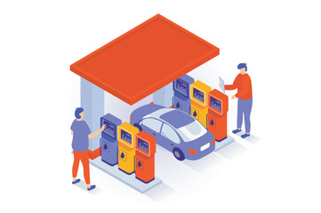 Poster - Oil industry concept in 3d isometric design. People refueling car at petrol filling station, gaz or benzine for automobile refilling service. Vector illustration with isometry scene for web graphic