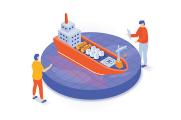 Poster - Oil industry concept in 3d isometric design. People selling petroleum products using tanker ship for cargo transportation to global market. Vector illustration with isometry scene for web graphic