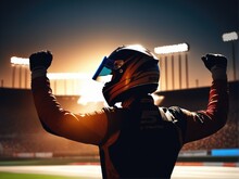 Race Car Driver Celebrating The Win In A Race Against Bright Stadium Lights