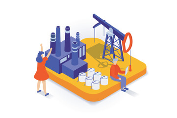 Fototapete - Oil industry concept in 3d isometric design. People working at oil business with production processes, drilling rigs and fuel storage petrol. Vector illustration with isometry scene for web graphic