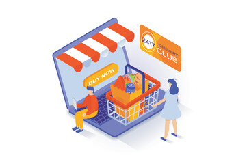Poster - Online shopping concept in 3d isometric design. People ordering food in supermarket or grocery store webpage with delivery and pay credit card. Vector illustration with isometry scene for web graphic
