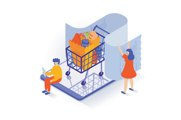 Poster - Online shopping concept in 3d isometric design. People making order of food in supermarket webpage, paying credit card and receiving receipt. Vector illustration with isometry scene for web graphic