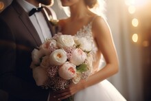 Bride And Groom Wedding Couple With A Bouquet Of Light Rose And White Color Flowers