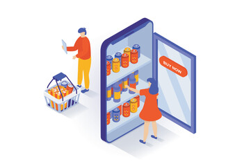 Poster - Online shopping concept in 3d isometric design. People choosing goods in store assortment at webpage, ordering delivery and paying in app. Vector illustration with isometry scene for web graphic
