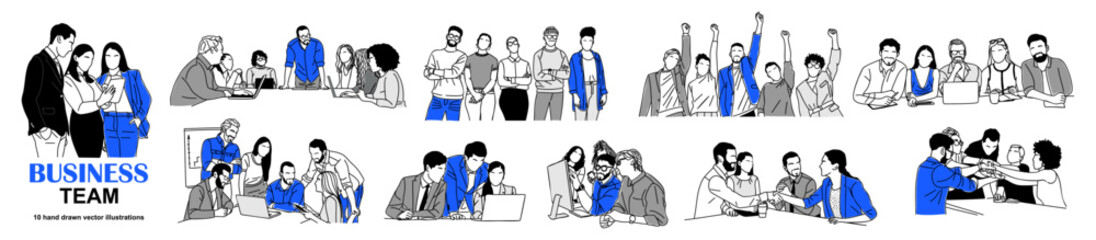 business team concept illustrations. set of scenes with men and women working together, supporting e