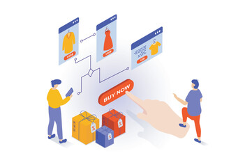 Poster - Online shopping concept in 3d isometric design. People choosing new clothes at store assortment webpage, ordering and getting gifts from shop. Vector illustration with isometry scene for web graphic