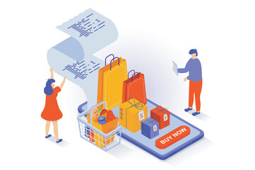 Poster - Online shopping concept in 3d isometric design. People making purchases at sale in store mobile app, ordering and getting digital receipt. Vector illustration with isometry scene for web graphic