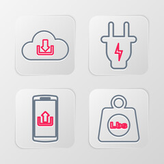 Poster - Set line Weight pounds, Smartphone with upload, Electric plug and Cloud download icon. Vector