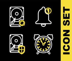 Poster - Set line Bell, Alarm clock, Hard disk drive HDD protection and sync refresh icon. Vector