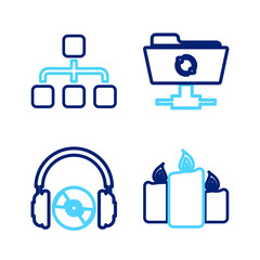 Poster - set line burning candles, headphones cd or dvd, ftp sync refresh and hierarchy organogram chart icon