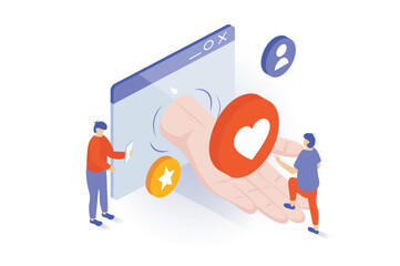 Leinwandbilder - Social media concept in 3d isometric design. People chatting online, attracting to blogs with positive feedback and emotions of followers. Vector illustration with isometry scene for web graphic