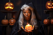Generative AI Illustration Of Charming Elderly Woman In Black Dress Holding Pumpkin Lantern And Looking At Camera On Halloween Day While Standing On Black Background
