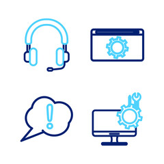 Poster - set line computer monitor service, speech bubble exclamation, setting and headphones icon. vector