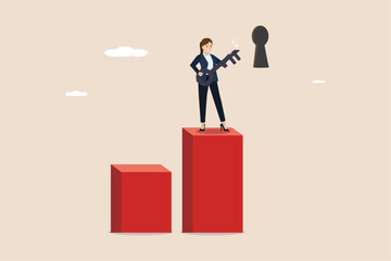 Wall Mural - The key to success, the result of hard work or a woman's career, business women succeed in getting the key to success to open up great opportunities for success.