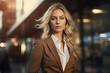 © ADDICTIVE STOCK - Generative AI illustration of confident woman wearing formal suit and looking at camera while standing in city street