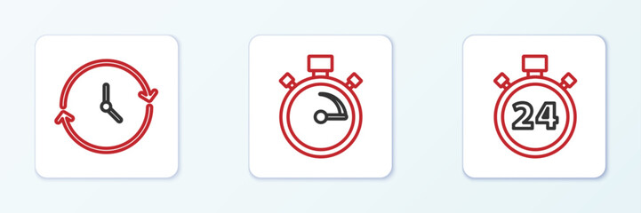 Poster - Set line Stopwatch 24 hours, Clock and icon. Vector