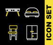© vector_v - Set line Big bed, Wardrobe, Chair and Office desk icon. Vector