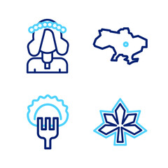 Poster - Set line Chestnut leaf, Dumplings on fork, Map of Ukraine and Ukrainian woman icon. Vector