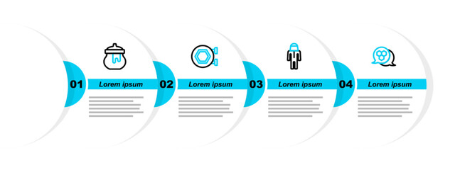 Poster - Set line Honeycomb, Beekeeper with protect hat, Hanging sign honeycomb and Jar of icon. Vector