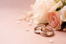 Wedding Rings And Bridal Flowers Bouquet With Copy Space On Pink Background