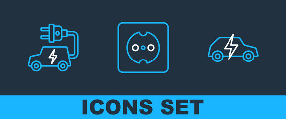Poster - Set line Electric car, and Electrical outlet icon. Vector